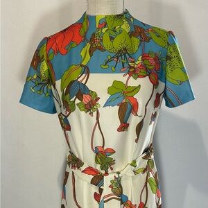 Leslie Fay Blue and Green Floral Midi Dress